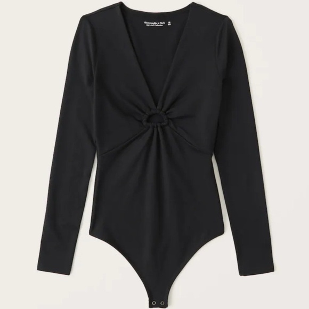 Abercrombie & Fitch Knotted Front Long Sleeve Plunge Bodysuit Sz S In Black - Picture 1 of 7